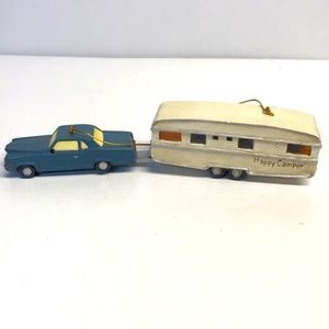 Vintage Happy Camper Ornament Roman Inc Hitched Camper Trailer 5th wheel Travel
